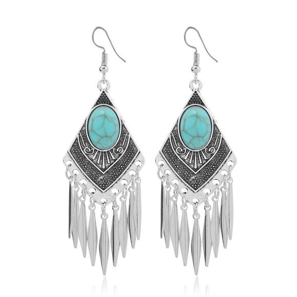 Boho Southwestern Faux Turquoise Silver Tone Fringe Feather Dangle Earrings - Picture 1 of 7